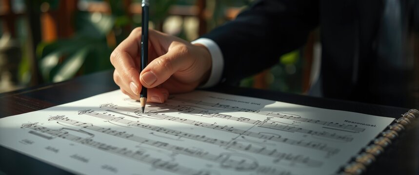 Detailed macro shot of a hand of a musician or composer composing music, writing notes with a pencil on the pentagram