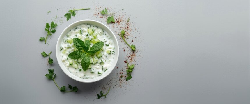 Raita sauce featuring yogurt, cucumber, and mint on gray surface - Top view. Food. Tzatziki sauce