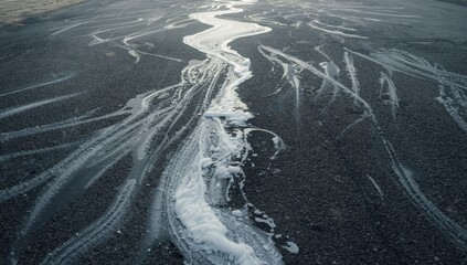 Grey road surface with soap foam pattern, focusing on surface texture for landscape art and design