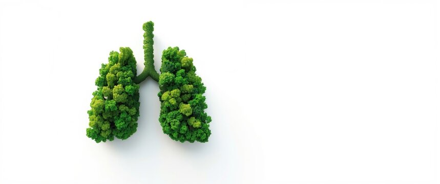 Green trees forming lung shapes, island isolated on a white background, symbolizing Earth Day, world health, and environmental protection