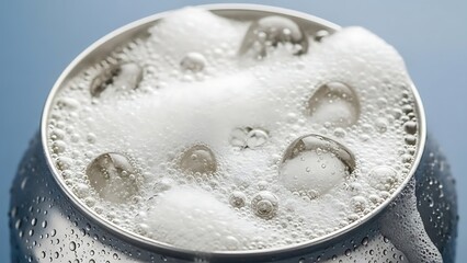 A silver soda can overflows with frothy white foam and large clear bubbles, indicating a freshly poured carbonated beverage.
