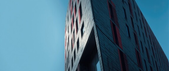 Gray and red facade details on modern aluminum-panel residential building with city background