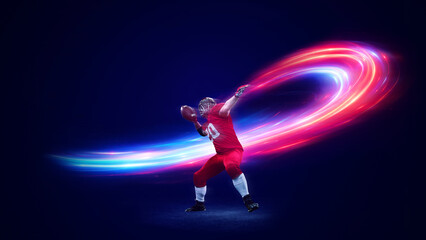 Dramatic artwork. American football player powerful throw with circular energy trail. Concept of triumph emotion, momentum, sports promotion, futuristic creative visuals.