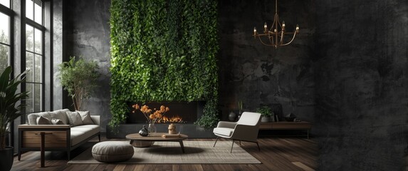 3d render of a vertical Green Wall in a contemporary living room interior