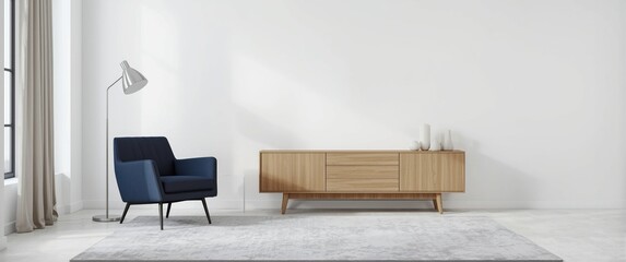 Expansive white living space with blue chair, lamp, carpet, wooden sideboard, and wall for mock-up
