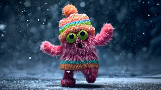 Cute Pink Monster in Winter Hat: Fluffy Toy with Expressive Eyes Amidst Snow Background - Whimsical Character Design for Holiday Spirit