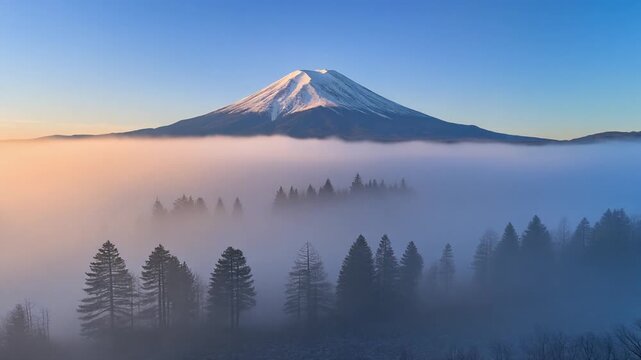 Majestic snow-capped Mount Fuji rising above a sea of fog and pine trees at sunrise Keywords: Mount Fuji, Japan, volcano, mountain, snow-capped, peak, sunrise, dawn, fog, mist, sea of clouds, pine