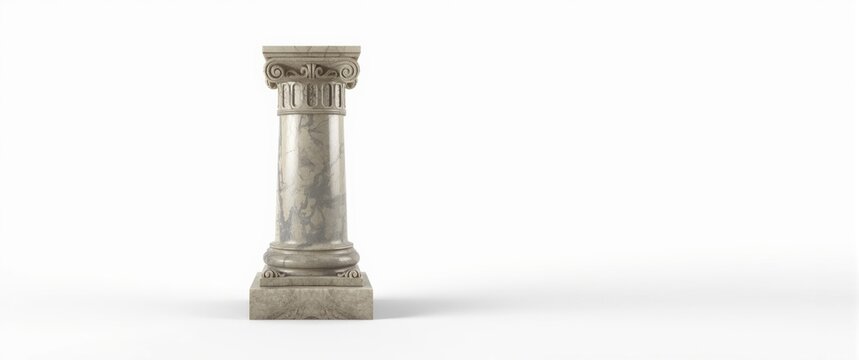 Small architectural stone column with pedestal in front view, closeup, isolated on white background