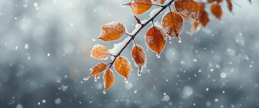 Charming branch featuring orange and yellow dry leaves in late fall or early winter under the snow. First snow, snowflakes falling, close-up shot