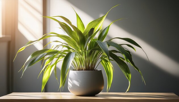 sunlit aspidistra in modern grey pot indoor plant