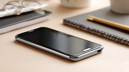 Smartphone placed on a clean desk with office supplies around in a soft light setting