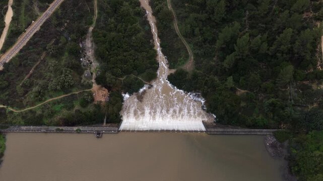 Aerial Beit Zeit dam near Jerusalem Israel reservoir

Drone footage shows Beit Zeit dam overflow near Jerusalem Israel on 20 January 2026 winter
