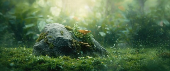 Fototapeta premium Blurred abstract slide backdrop with a rock surrounded by lush tropical green plants