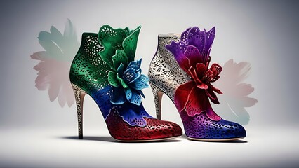 A stunning pair of elaborately designed, multi-colored high-heeled ankle boots, adorned with intricate floral patterns and embellishments.