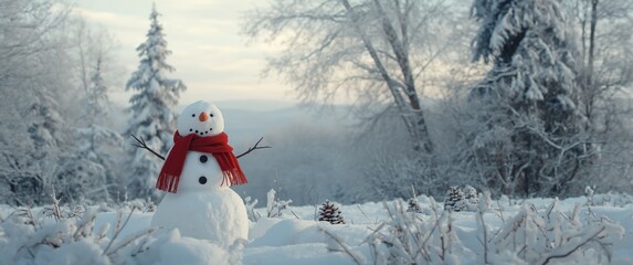 Obraz premium Snowman Wearing Red Scarf in the Forest