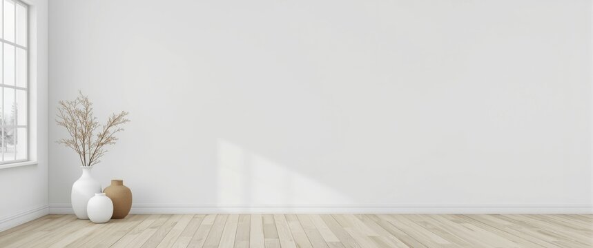 Interior of a sleek white minimalist space featuring vases on wooden flooring, wall art, and a landscape seen through the window, Nordic design