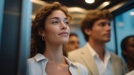 Obraz premium People riding an elevator in a high rise building, enclosed space and calm expressions reflecting daily commute, shared urban routine, and efficient vertical movement. cinematic color correction,