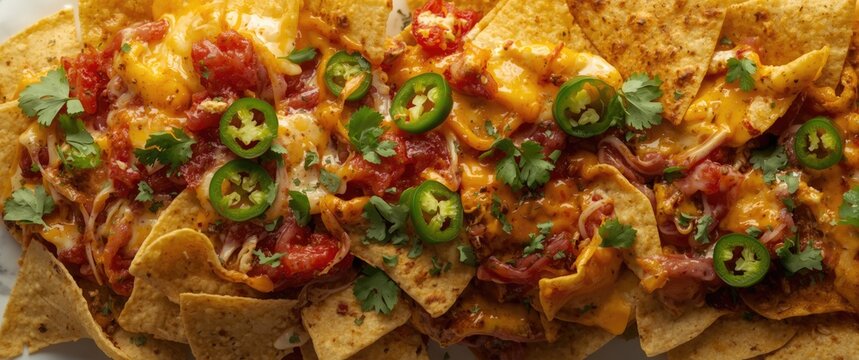 Delicious Mexican nachos chips arranged on white background, top perspective