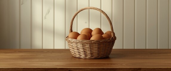 Egg basket filled with eggs on a rustic kitchen countertop