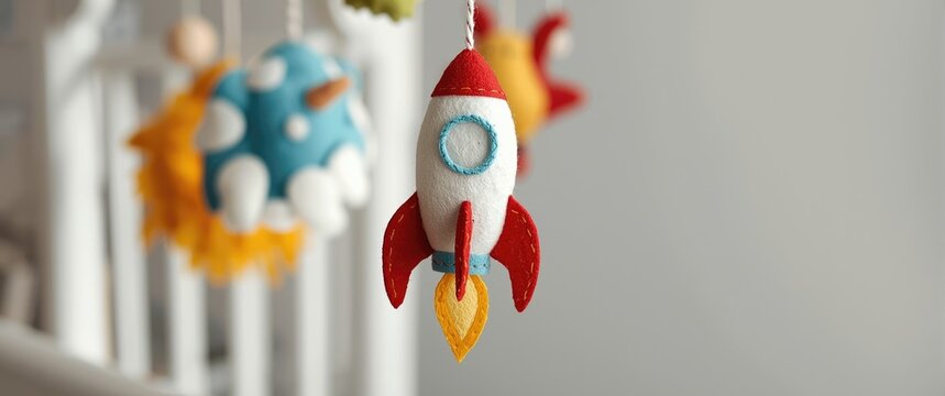 Detailed view of a felt toy from a baby crib mobile, highlighting a handcrafted felt rocket, Crafting materials, felt fabric creation, creative toy ideas with space for blog titles and headings