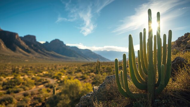 Sunlit cactus landscape in South America, highlighting drought tolerance and desert flora