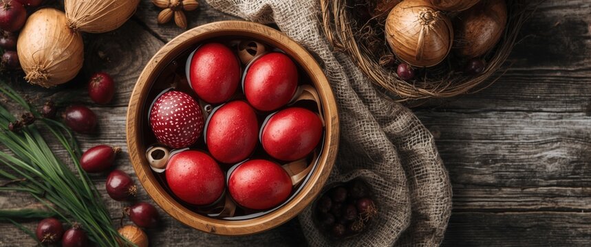 Romanian Bistrita: traditional red Easter eggs painted with onion peels in water