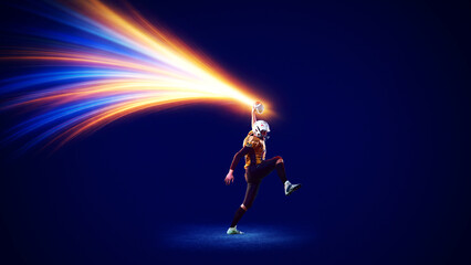 Creative poster. American football player explosive jump throw with radiant energy stream. Concept of confidence emotion, leadership, attack strategy, sports advertising, futuristic design visuals.