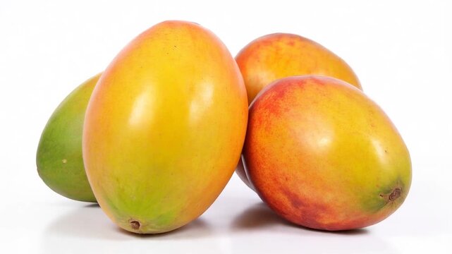 Close-up of colorful mango fruits on a white background, healthy food concept