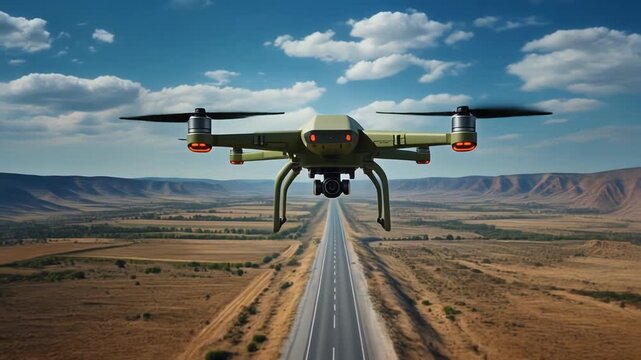 Military Drone Flying Over Straight Highway Through Arid Landscape Under Cloudy Blue Sky Keywords: drone, military, UAV, unmanned aerial vehicle, flying, hovering, technology, surveillance