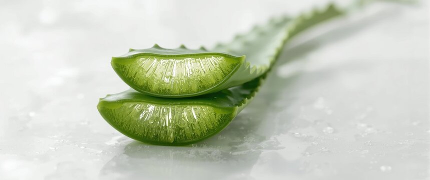 Aloe vera leaf segments arranged on white background