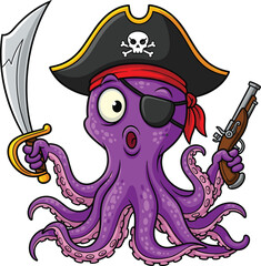 Cartoon purple octopus dressed as pirate with sword, pistol, hat, and eye patch, playful marine character illustration, transparent background graphic