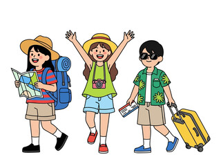 Happy Kids Traveling for Summer Vacation Vector Illustration. Three Children as Tourists with Suitcase, Camera, Map, and Backpack. Holiday Journey and Travel Concept Isolated on White Background.