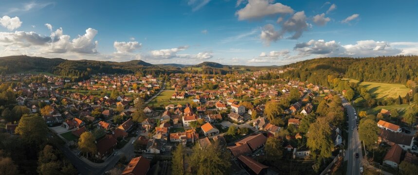 Top-down drone shot of village in summer showing roofs and road layout from above