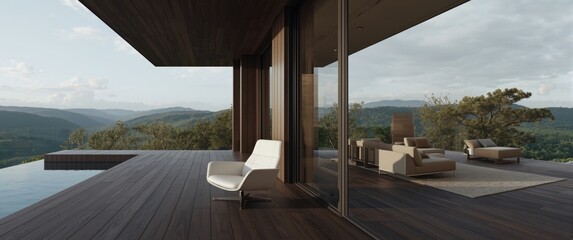 Naklejka premium 3D render of a minimal wooden terrace with nature view, dark wooden flooring, and white leather armchair