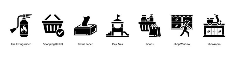 Obraz premium Store Goods web banner vector illustration featuring Fire Extinguisher, Shopping Basket, Tissue Paper, Play Area, Goods, Shop Window, and Showroom.