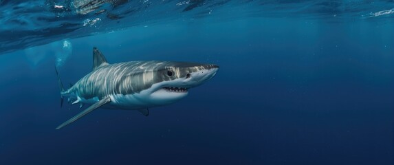 Fototapeta premium Massive white shark navigating the blue ocean waters, part of marine life underwater