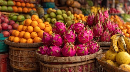 Fototapeta premium Vibrant tropical fruit market with dragon fruit, oranges, and bananas in a lively outdoor setting filled with activity and color