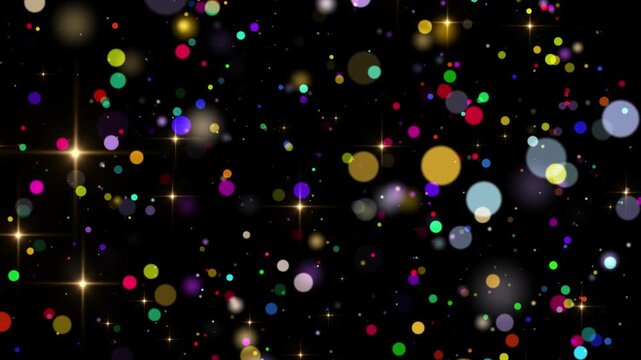 Star rain. gold sparkles particles stars black background video. colorful happy birthday celebration backgrounds concept. christmas glittering new year. Shimmering Glittering Particles With Bokeh
