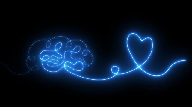 Glowing blue neon Brain with heart inside. One line drawing. symbolizing balance of mind and feelings, psychology, emotional intelligence, love, mental health, connection of logic and ...