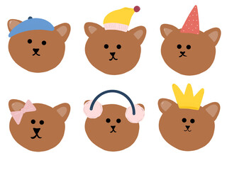 set of bear heads with birthday hats, cellphones, hats, crowns
