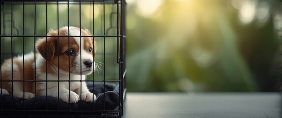Tiny cute dog confined in a cage with the tropical Bali island backdrop, Indonesia