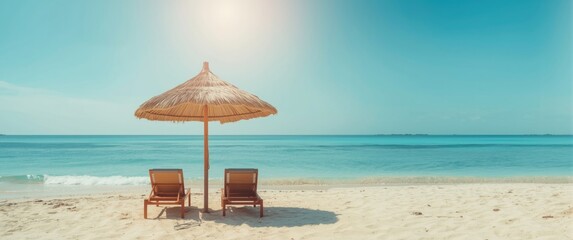 An enchanting scene of a tranquil Bohol beach with a thatched umbrella and two loungers, perfect for leisure and escape