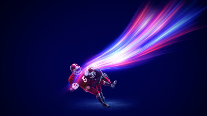 Digital artwork. American football tackle collision with vibrant energy trail on dark background. Concept of aggression emotion, impact, rivalry, sports branding, powerful promotional visuals.