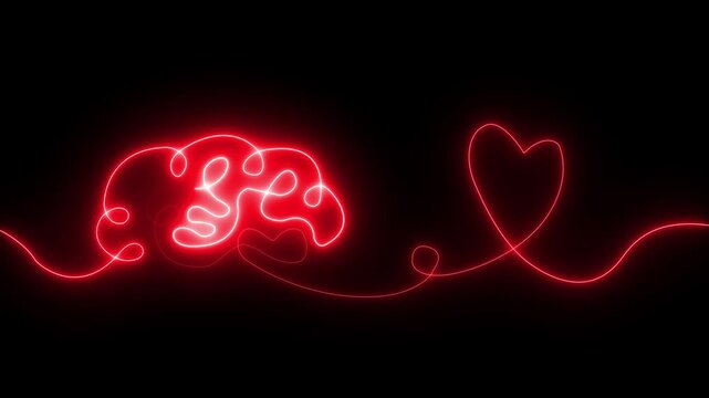 Glowing red neon Brain with heart inside. One line drawing. symbolizing balance of mind and feelings, psychology, emotional intelligence, love, mental health, connection of logic and ...
