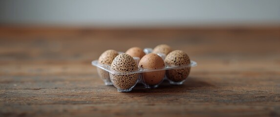 Wooden table with quail eggs in plastic egg cup, captured with selective focus in a horizontal shot