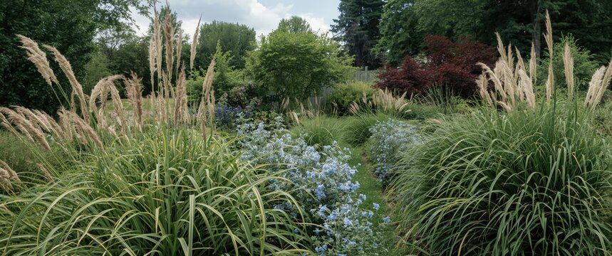 In this prairie-meets-English garden, Northwind grasses and panicum act as a living fence, with blue catmint adding romanticism and purple smokebush, coitnus, and maple trees enhancing the garden's
