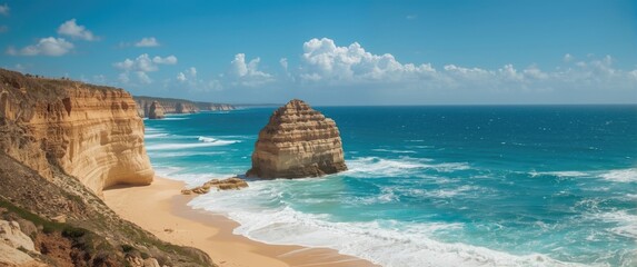 Ocean waves crashing near rocky coastal formations