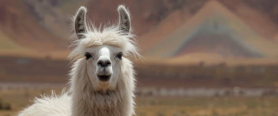 Obraz premium Llama at Purmamarca near Cerro de los Siete Colores within the colorful valley of Quebrada de Humahuaca, Jujuy Province, northern Argentina