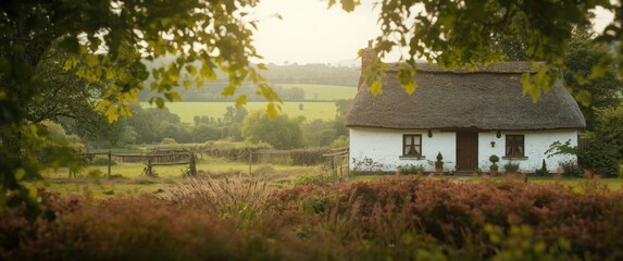 Whitewashed Irish Cottage with a Thatched Roof in a Rural Irish Farm Setting © TheWaterMeloonProjec