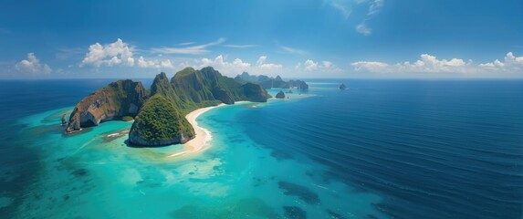 Experience the breathtaking tropical scenery where turquoise waters meet golden sands and dramatic rock formations emerge from the ocean.